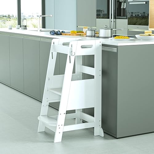 TOETOL Bamboo Toddler Kitchen Step Stool White Helper Standing Tower Height Adjustable with Anti-Slip Protection for Kids Kitchen Counter Learning - Jamouz
