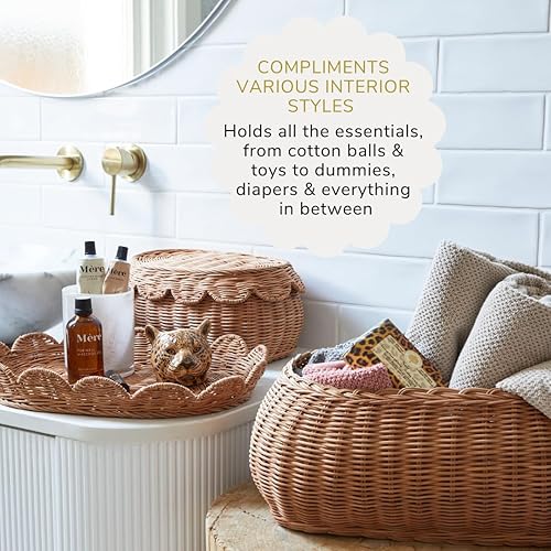 The Original Scalloped Basket Set Of 2 - Small Scallop Basket - 15 x 10 x 6 In - Hand-Woven & Award-Winning - Elegant Wicker With Scalloped Edge Lid - Nursery Storage - (Mocca) - Jamouz