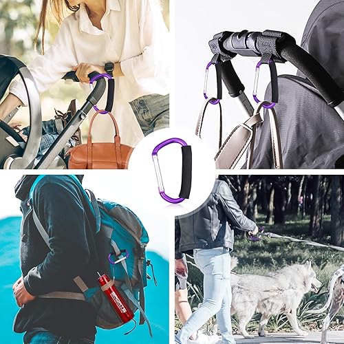 JIALEEY Strong Large Durable Buggy Carabiner Stroller Hooks Mummy Clip Pram Pushchair Grocery or Shopping and Plastic Bags Holder, 2 Pack Purple - Jamouz