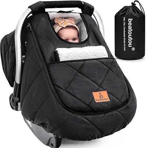 Winter Baby Car Seat Cover, Waterproof Winter Infant Carseat Canopy for Boys Girls, Cold Weather Warm Car Seat Covers for Babies, Keeps Babies Warm and Cozy (Black) - Jamouz