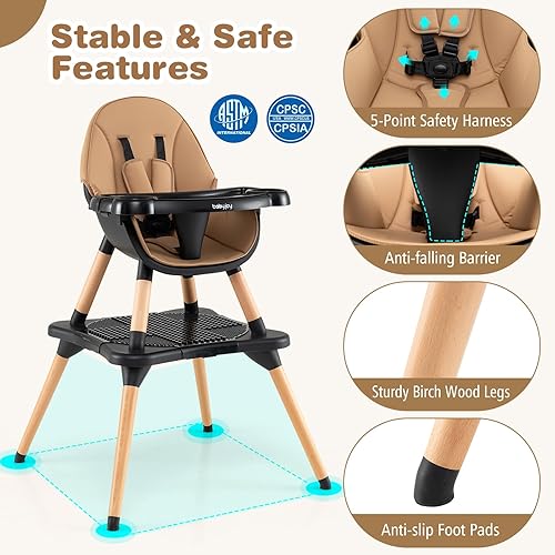 BABY JOY 5 in 1 High Chair, Convertible High Chairs for Babies and Toddlers/Booster Seat/Table and Chair Set, Infant Wooden Highchair w/ 5-Point Harness, 4-Position Removable Tray & PU Cushion, Coffee - Jamouz