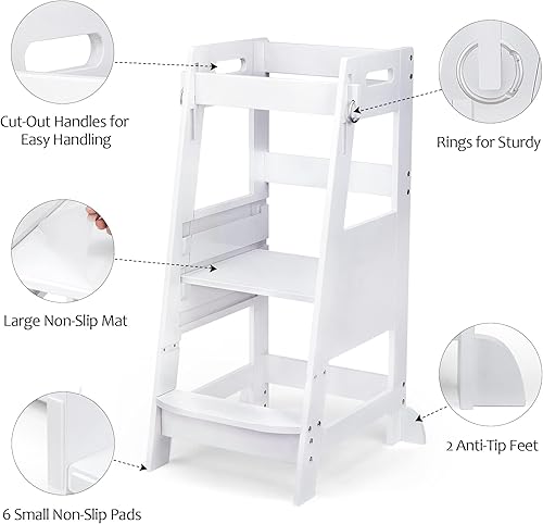 TOETOL Bamboo Toddler Kitchen Step Stool White Helper Standing Tower Height Adjustable with Anti-Slip Protection for Kids Kitchen Counter Learning - Jamouz
