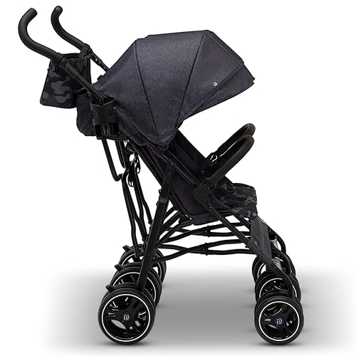 GAP babyGap Classic Side-by-Side Double Stroller - Lightweight Double Stroller with Recline, Extendable Sun Visors & Compact Fold - Made with Sustainable Materials, Grey Stripes - Jamouz