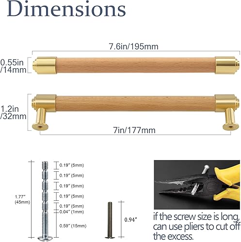 Modern Mid Century Brass and Wood Cabinet Pulls 3 Inch Center to Center Hole 4Pack Kitchen Drawer Handle Unfinished Dresser Knob for Closet Cupboard Wardrobe Brushed Finish - Jamouz