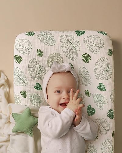Blissful Diary Muslin Changing Pad Cover for Girls Boys, Ultra Soft Breathable Cotton, Baby Diaper Change Table Pad Covers, 2Pack (Roman Green&Leaf) - Jamouz