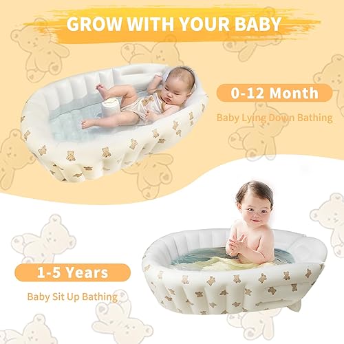 Inflatable Baby Bathtub with Built in Pump, Collapsible Safe Baby Bathtub for Newborns and Baby, Non-Slip Travel Mini Swimming Pool for Babies 0-5 Years Old - Bear - Jamouz