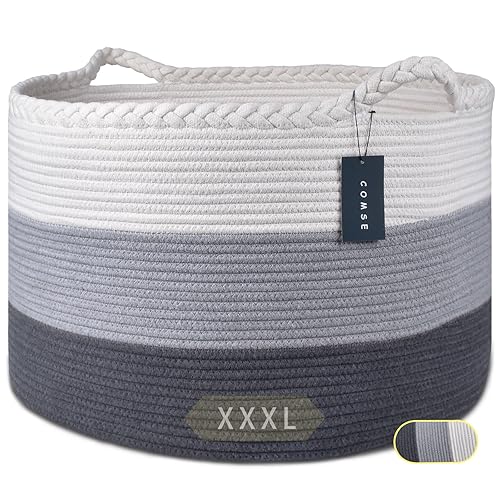 COMSE Extra Large Blanket Basket, Storage Basket, Laundry Basket, 21.7”x 13.8”, Laundry Hamper, Cotton Rope Basket, Blanket Basket Living Room, Toy Basket (White & Cadet Blue & Navy Blue) - Jamouz