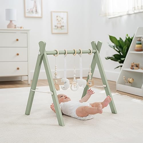 Comfy Cubs Baby Play Gym Set, Wooden Baby Playgym, Interactive Activity Center Hanging Bar with Gym Toys, Foldable for Infants, Newborn Gift for Baby Girl and Boy (Natural Wood) - Jamouz