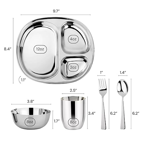 Ahimsa Stainless Steel Kids Dinnerware Set - 5 Piece Stainless Steel Toddler Plates and Bowls Set, Pediatrician Designed, Non Toxic Toddler Plate and Bowl, Kids Utensils and Cup (Rainbow) - Jamouz