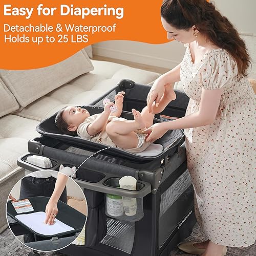 Pamo Babe 3-in-1 Baby Playard, Basic Magic Fold Nursery Center with Zip Door & Changing Table, One Second to Set Play Yard - Jamouz