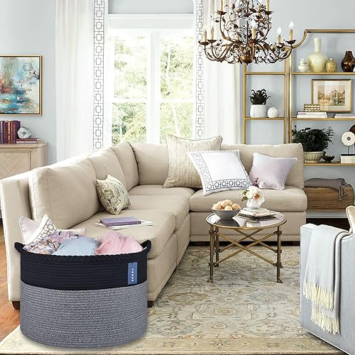 COMSE Extra Large Blanket Basket, Storage Basket, Laundry Basket, 21.7”x 13.8”, Laundry Hamper, Cotton Rope Basket, Blanket Basket Living Room, Toy Basket (White & Cadet Blue & Navy Blue) - Jamouz