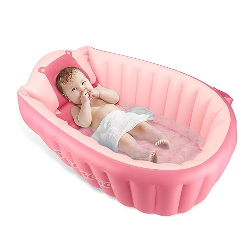 Inflatable Baby Bath Tub Portable Foldable Travel Mini Swimming Pool Helps Infants to Toddler Tub (Pink) - Jamouz