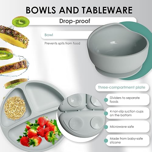 Bluet B- Silicone Baby Feeding Set - Baby Led Weaning Supplies - Baby Spoons, Suction Bowl - Plate - Baby Utensils Set - Silicone Feeding Set for Baby First Foods, Infant Eating - 8pcs - Purple - Jamouz