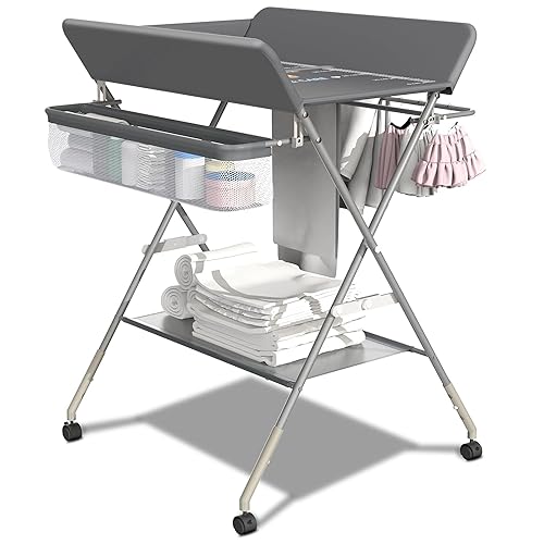 Portable Changing Table for Baby, Foldable Baby Changing Table with Storage, Diaper Changing Station for Nursery, Small Infant Changing Table with Wheels & 3-Level Adjustable Height - Jamouz