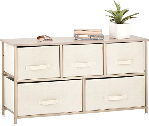 mDesign 21.65' High Steel Frame/Wood Top Storage Dresser Furniture Unit with 5 Removable Fabric Drawers - Wide Bureau Organizer for Bedroom, Living Room, Closet - Lido Collection, Cream/Gold - Jamouz