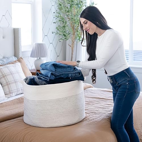 Little Hippo XXXL Large Cotton Rope Basket (22'x14') 100% Natural Cotton! Rope Basket, Woven Storage Basket, Large Basket, Blanket Basket Living Room, Toy Basket, Pillow Basket (White & Brown) - Jamouz