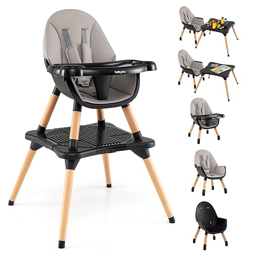 BABY JOY 5 in 1 High Chair, Convertible High Chairs for Babies and Toddlers/Booster Seat/Table and Chair Set, Infant Wooden Highchair w/ 5-Point Harness, 4-Position Removable Tray & PU Cushion, Coffee - Jamouz