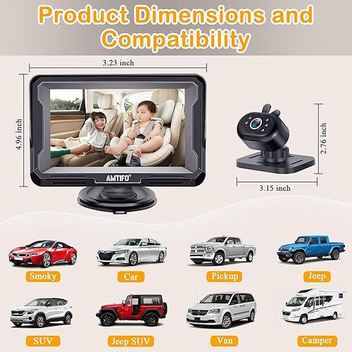 AMTIFO Baby Car Camera Easy Install: Clear Night Vision 2Mins Plug-Play Backseat Camera 360 Rotation Rear Facing Car Baby Monitor with Camera - Jamouz