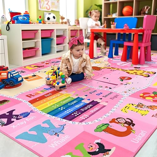 Large Playroom Rug Daycare Kids Rug 7x10,Educational and Fun Nursery Rug with ABC Alphabet Animals Classroom Rug Washable Kids Play Mat Baby Toddler Children Girls Rugs for Bedroom,Beige - Jamouz
