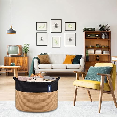 COMSE Extra Large Blanket Basket, Storage Basket, Laundry Basket, 21.7”x 13.8”, Laundry Hamper, Cotton Rope Basket, Blanket Basket Living Room, Toy Basket (White & Cadet Blue & Navy Blue) - Jamouz