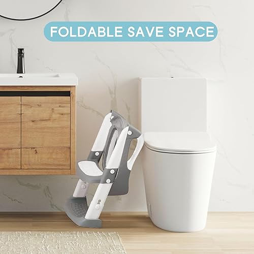 Potty Training Toilet with Step Stool Ladder, Toddler Kids Potty Training Seat for Boys Girls, Foldable Anti-Slip Toilet Toddler Seat Splash Guard Soft Cushion Safety Handles (Grey) - Jamouz