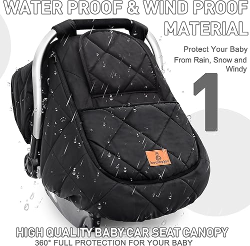 Winter Baby Car Seat Cover, Waterproof Winter Infant Carseat Canopy for Boys Girls, Cold Weather Warm Car Seat Covers for Babies, Keeps Babies Warm and Cozy (Black) - Jamouz