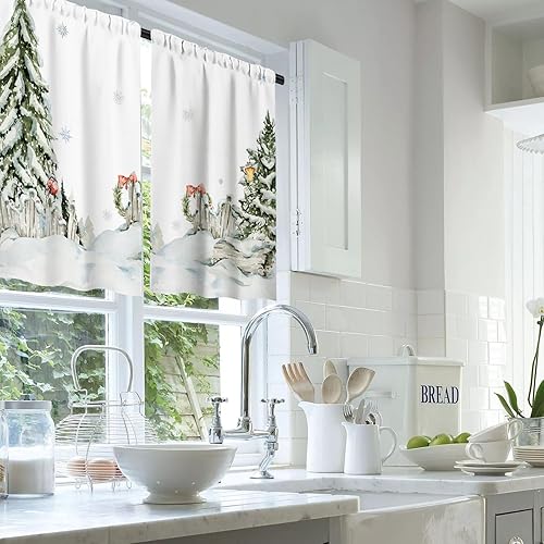 Watercolor Kitchen Curtains Nursery Christmas Woodland Border with Baby Animals Wild Forest Winter Valances for Windows Kitchen Curtains Tiers and Valances Set 3 Piece for Kitchen Windows - Jamouz