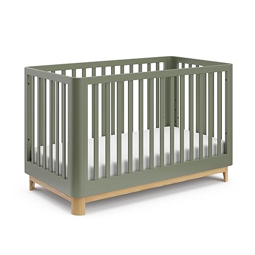 Storkcraft Santos 3-in-1 Convertible Crib (White with Natural) – GREENGUARD Gold Certified, Fits Standard Crib Mattress, Converts to Toddler Bed, Modern Style, Rounded Designer Details - Jamouz