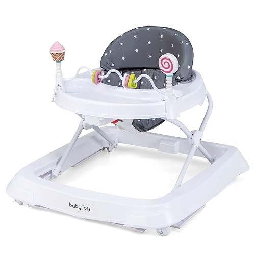 BABY JOY Baby Walker, Foldable Activity Walker Helper with Adjustable Height, Baby Activity Walker with High Back Padded Seat & Bear Toys (Gray, Star Pattern) - Jamouz