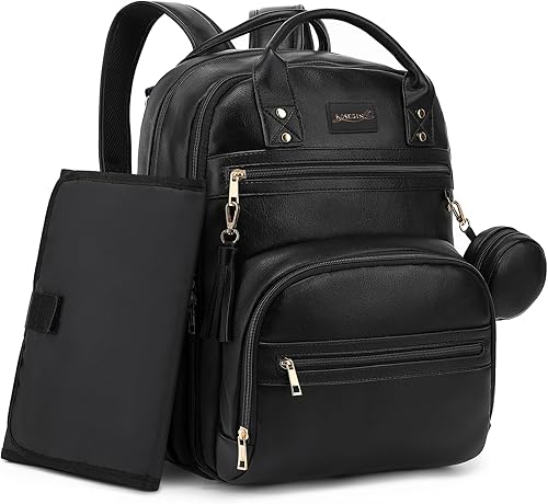 Premium Vegan Leather Diaper Bag Backpack with Waterproof Changing Pad, Reinforced Zippers & Odor-Free, 20 Pockets Pro Organizer, Fits 15.6' Laptop, Stroller Straps, Baby Bag for Mom, Brown - Jamouz