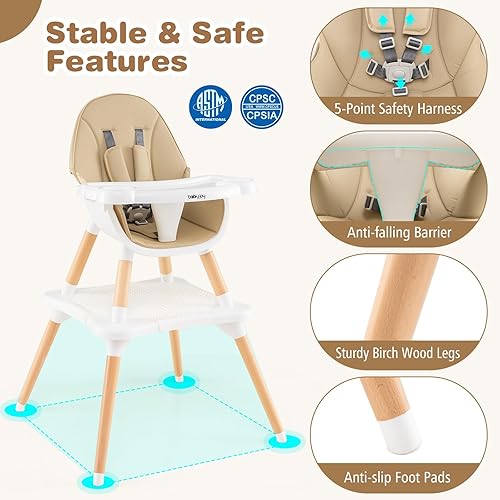 BABY JOY 5 in 1 High Chair, Convertible High Chairs for Babies and Toddlers/Booster Seat/Table and Chair Set, Infant Wooden Highchair w/ 5-Point Harness, 4-Position Removable Tray & PU Cushion, Coffee - Jamouz