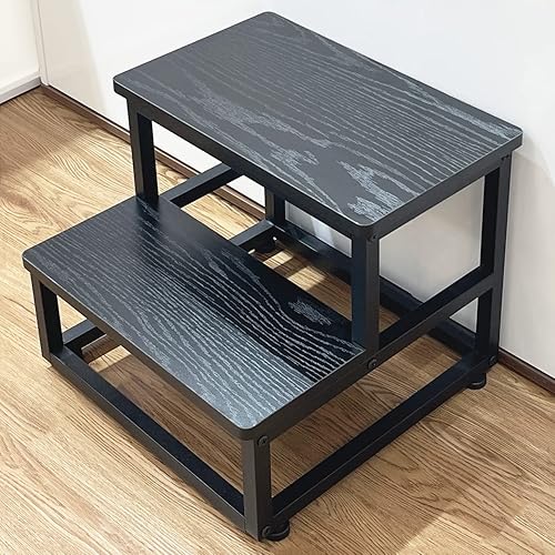 Step Stool, Bedside Steps for High Beds with Round Corners, 2 Steps Footstool for Adults, Metal and Wood Stepping Stool for Kitchen Bedroom, Load 500 LB, Black - Jamouz