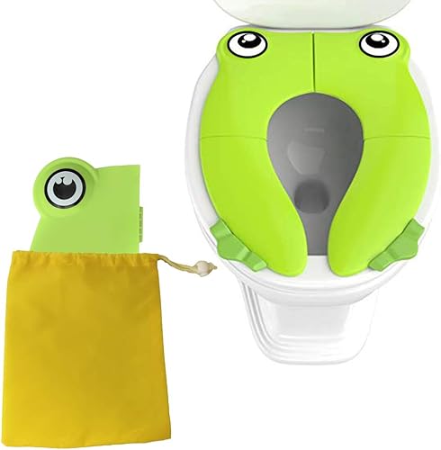 Toilet Potty Training Seat Cover, Travel Toilet Seat, Folding Non Slip Silicone Pads, Travel Portable Reusable Kids Toddlers Boys Girls, Carry Bag (Green - Frog) - Jamouz