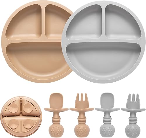 Silicone Feeding Set, 2 Pack Divided Toddler Plates with Suction, 2 Pack Utensils - Spoons & Forks, BPA Free, Baby Led Weaning Supplies - Jamouz