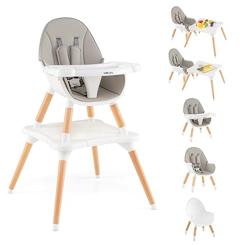 BABY JOY 5 in 1 High Chair, Convertible High Chairs for Babies and Toddlers/Booster Seat/Table and Chair Set, Infant Wooden Highchair w/ 5-Point Harness, 4-Position Removable Tray & PU Cushion, Coffee - Jamouz