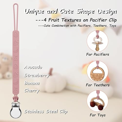 Silicone Pacifier Clip, Seposeve Pack of 3 Baby Pacifier Teether Clip with 4 Texture, Soft Flexible Silicone Pacifier Leashes & Cases for Boy and Girl, Keeps Pacifier Clean, Purple Pink White - Jamouz