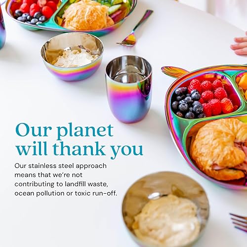 Ahimsa Stainless Steel Kids Dinnerware Set - 5 Piece Stainless Steel Toddler Plates and Bowls Set, Pediatrician Designed, Non Toxic Toddler Plate and Bowl, Kids Utensils and Cup (Rainbow) - Jamouz