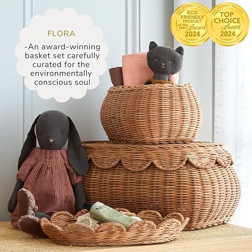 The Original Scalloped Basket Set Of 2 - Small Scallop Basket - 15 x 10 x 6 In - Hand-Woven & Award-Winning - Elegant Wicker With Scalloped Edge Lid - Nursery Storage - (Mocca) - Jamouz