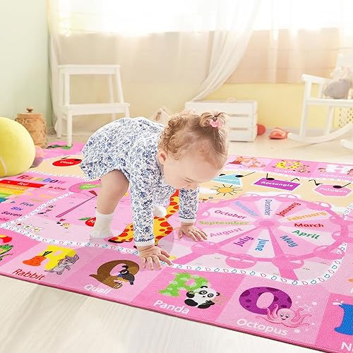 Large Playroom Rug Daycare Kids Rug 7x10,Educational and Fun Nursery Rug with ABC Alphabet Animals Classroom Rug Washable Kids Play Mat Baby Toddler Children Girls Rugs for Bedroom,Beige - Jamouz