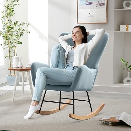 Simore Glider Nursery Rocking Chair, Comfy Living Room Chair, Small Nursing Wooden Rocker Chair for Living Room Bedroom, Blue - Jamouz