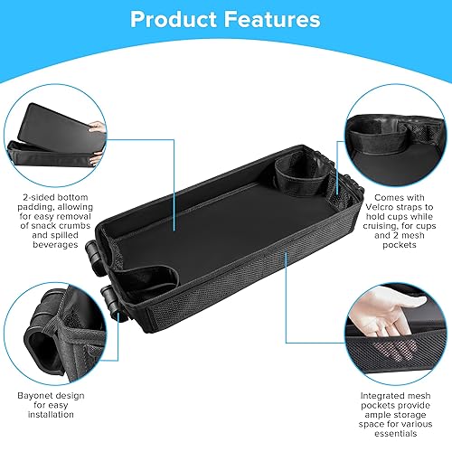Stroller Snacks Tray for Wonderfold Wagon W2, Double Sided Bottom Padding - Storage Mesh Pockets - 2 Kid’s Cup Holders, Faux Leather Polyester Side Easy to Clean for Eating & Activities (W2 Series) - Jamouz
