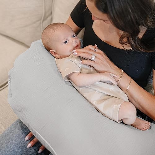 Konssy Muslin Nursing Pillow Covers, Soft and Cute Nursing Covers for Breastfeeding Pillows, Ideal for Newborn Baby Boys and Girls (Fog Green, Cream) - 2 Pack - Jamouz