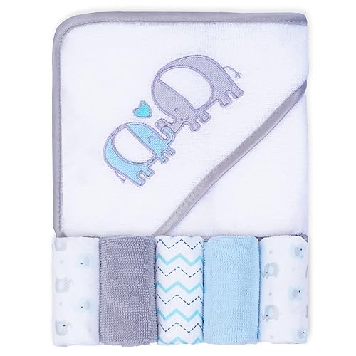Viviland Baby Towels and Washcloths, Soft Absorbent Pink Baby Bath Towel Set, Elephant Hooded Towels with 5 Infant Face Washcloths (6 Pieces) - Jamouz