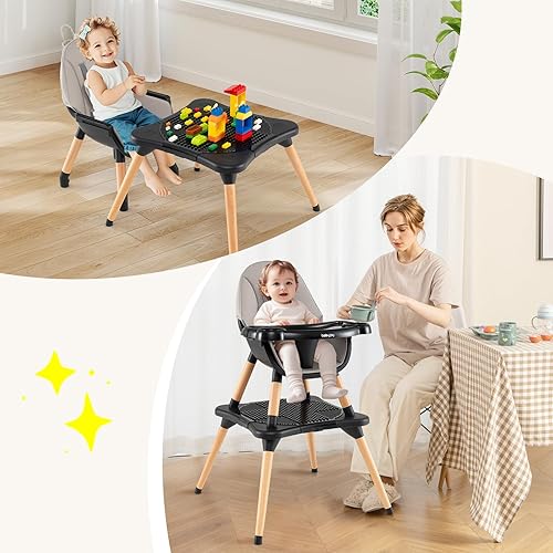 BABY JOY 5 in 1 High Chair, Convertible High Chairs for Babies and Toddlers/Booster Seat/Table and Chair Set, Infant Wooden Highchair w/ 5-Point Harness, 4-Position Removable Tray & PU Cushion, Coffee - Jamouz