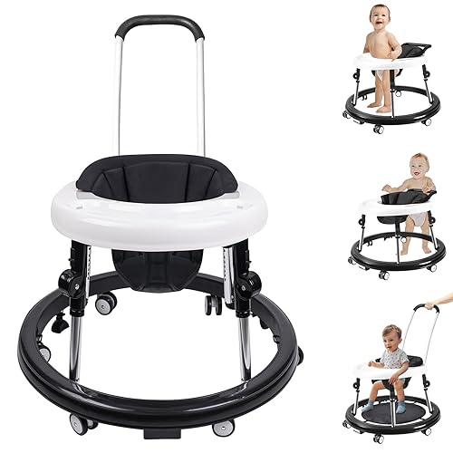 Baby Walker with Wheels, 3 in 1 Activity Center with Mute Wheels Anti-Rollover, 9-Gear Height Adjustable Foldable Baby Walker for Boys and Girls from 6-18 Months with Push Handle, Footrest - Jamouz
