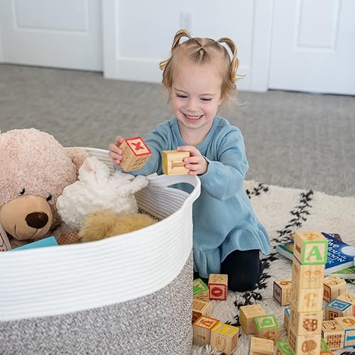 Little Hippo XXXL Large Cotton Rope Basket (22'x14') 100% Natural Cotton! Rope Basket, Woven Storage Basket, Large Basket, Blanket Basket Living Room, Toy Basket, Pillow Basket (White & Brown) - Jamouz