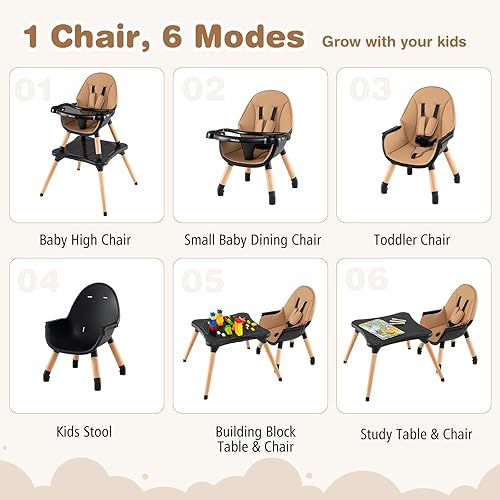 BABY JOY 5 in 1 High Chair, Convertible High Chairs for Babies and Toddlers/Booster Seat/Table and Chair Set, Infant Wooden Highchair w/ 5-Point Harness, 4-Position Removable Tray & PU Cushion, Coffee - Jamouz