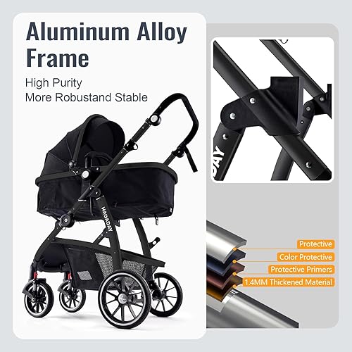 Baby Stroller, 2-in-1 Reversible Stroller with Bassinet Mode, Foldable Infant Stroller with Canopy, One Button Brake, Adjustable Handle, Newborn Stroller (Gray) - Jamouz