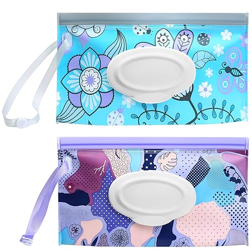 Baby Wipes Dispenser, 2 Pcs Travel Baby Wipe Holder, Refillable Baby Wet Wipe Pouch, Reusable Baby Wipes Container, Portable Baby Wipe Dispenser, Wipe Bags for Travel, blue purple Floral - Jamouz