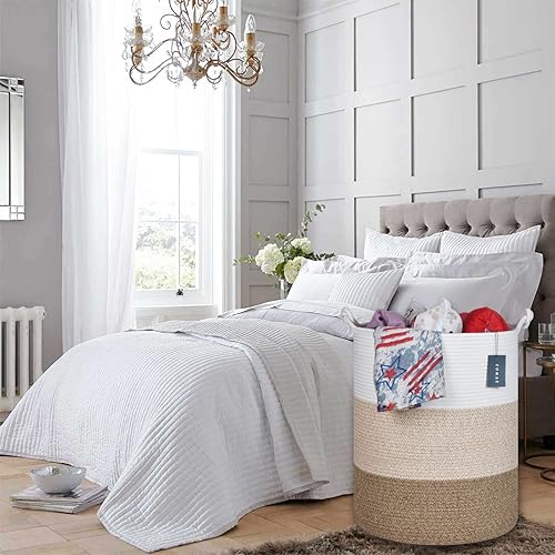 COMSE Extra Large Blanket Basket, High Storage Basket, Tall Rope Laundry Basket, 15.7”x 21.7”, Cotton Rope Basket, XXXL Laundry Basket, Toy Basket, Clothes Baskets,White/Cadet Blue/Navy Blue - Jamouz